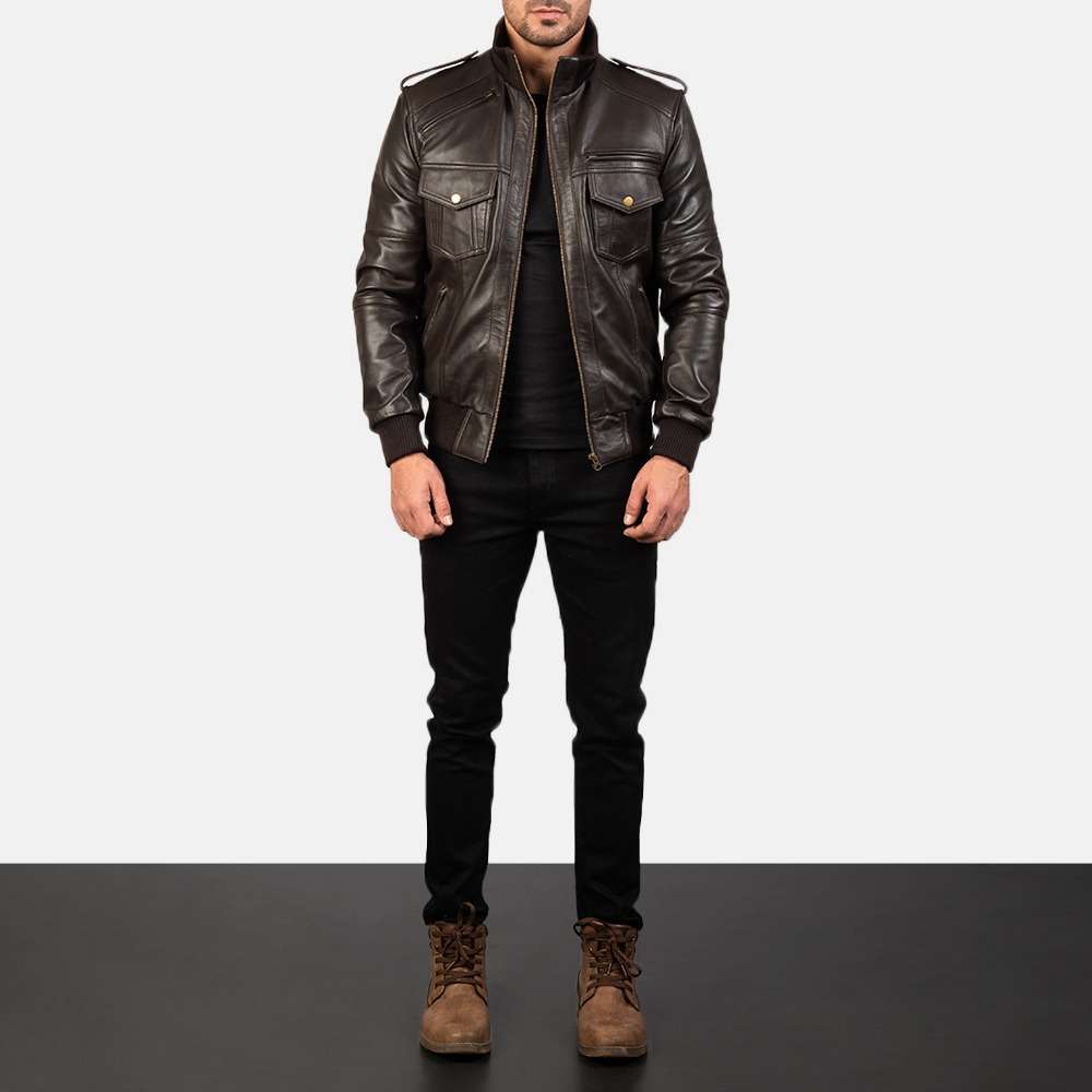 Agent Shadow Brown Leather Bomber Jacket - Image 2