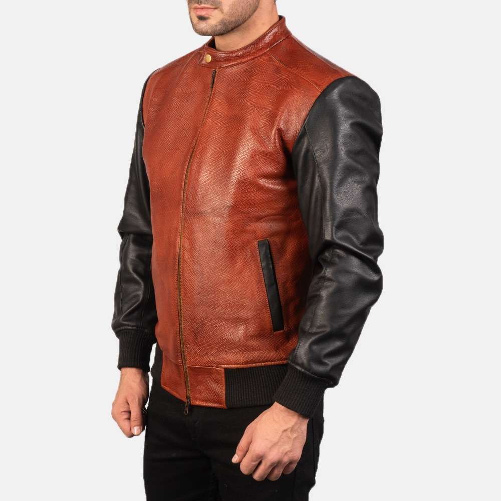 Avan Black & Maroon Leather Bomber Jacket - Image 2