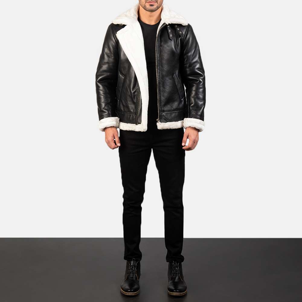 Francis B-3 Black & White Leather Bomber Jacket - Image 5