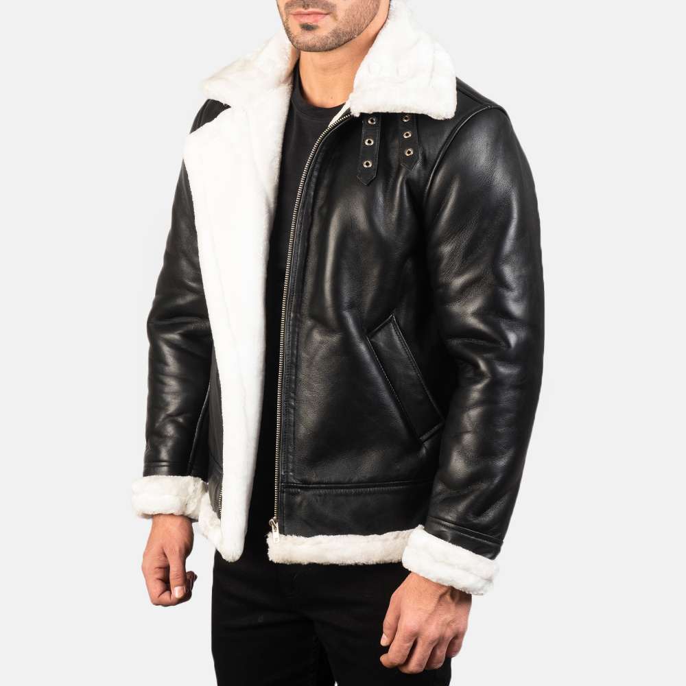 Francis B-3 Black & White Leather Bomber Jacket - Image 3