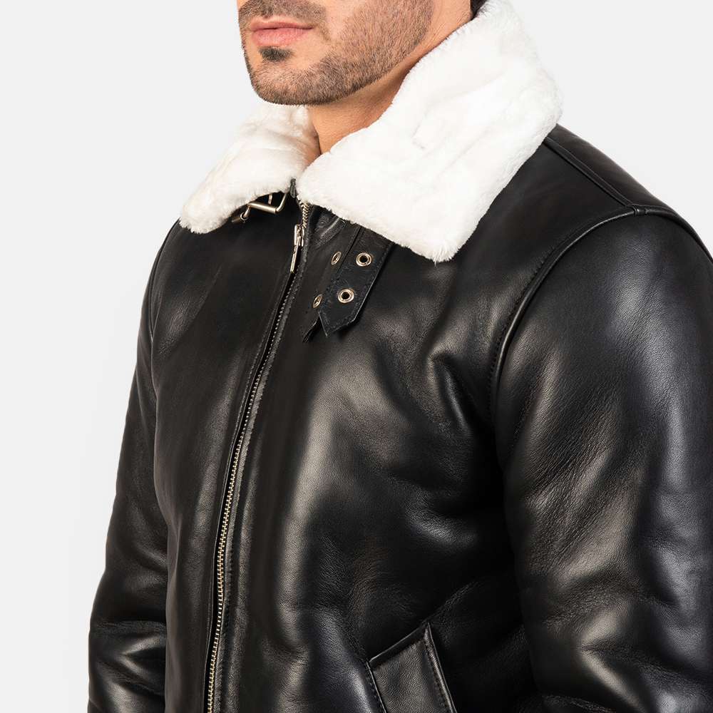 Francis B-3 Black & White Leather Bomber Jacket - Image 4
