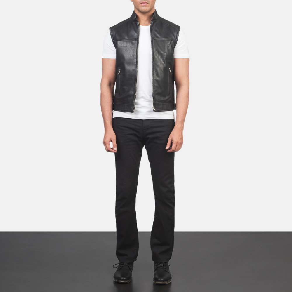 Roland Black Leather Biker Vest - Image 2