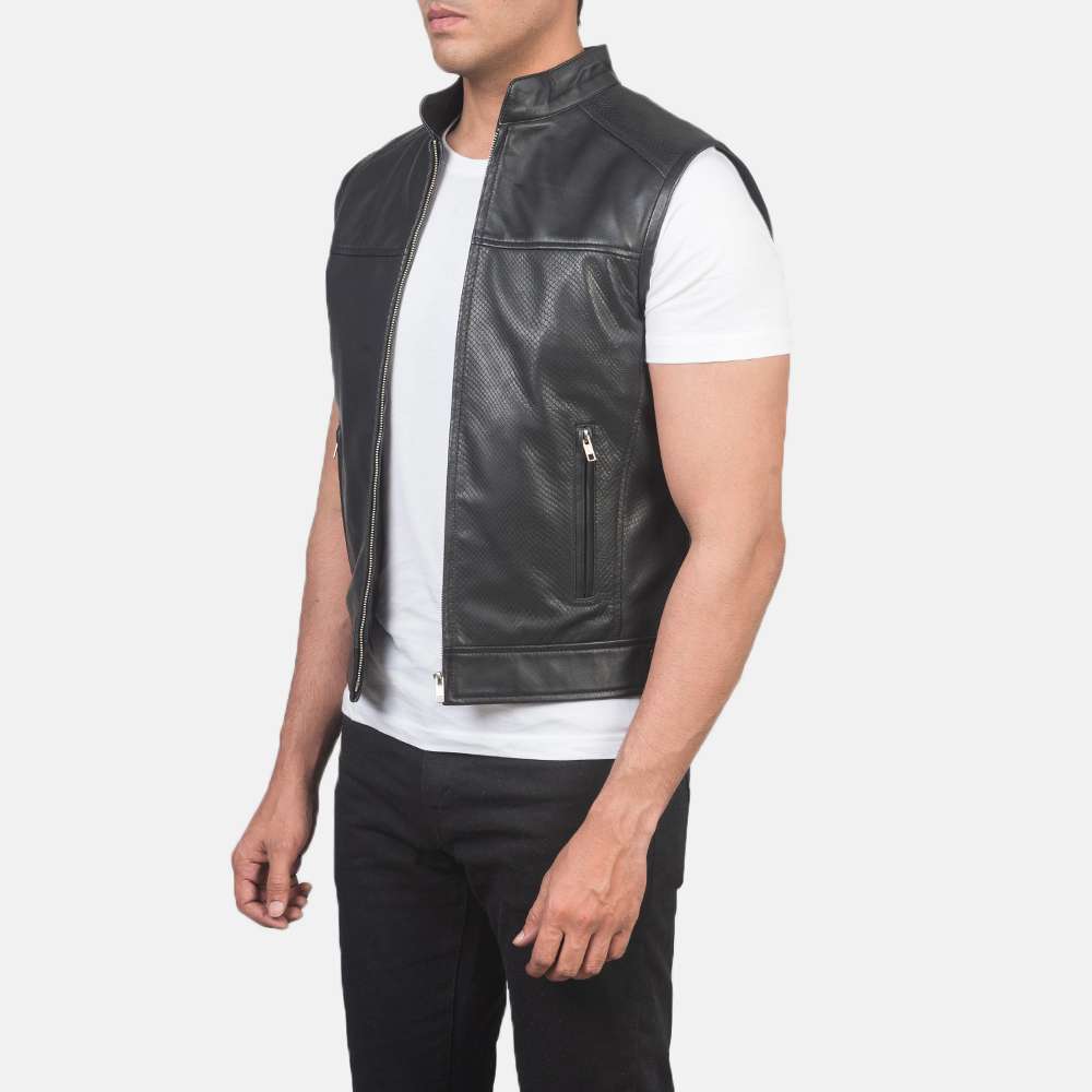 Roland Black Leather Biker Vest - Image 6