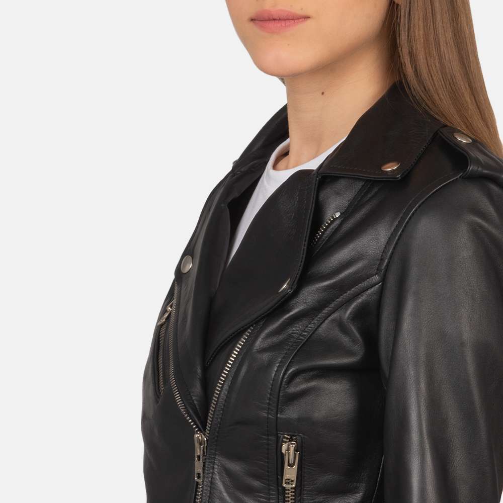 Alison Black Leather Biker Jacket - Image 3