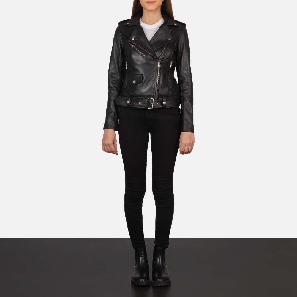 Alison Black Leather Biker Jacket - Image 2