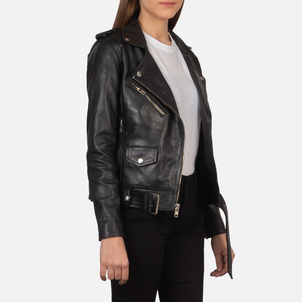 Alison Black Leather Biker Jacket - Image 7