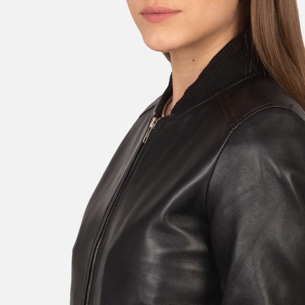 Bliss Black Leather Bomber Jacket - Image 3