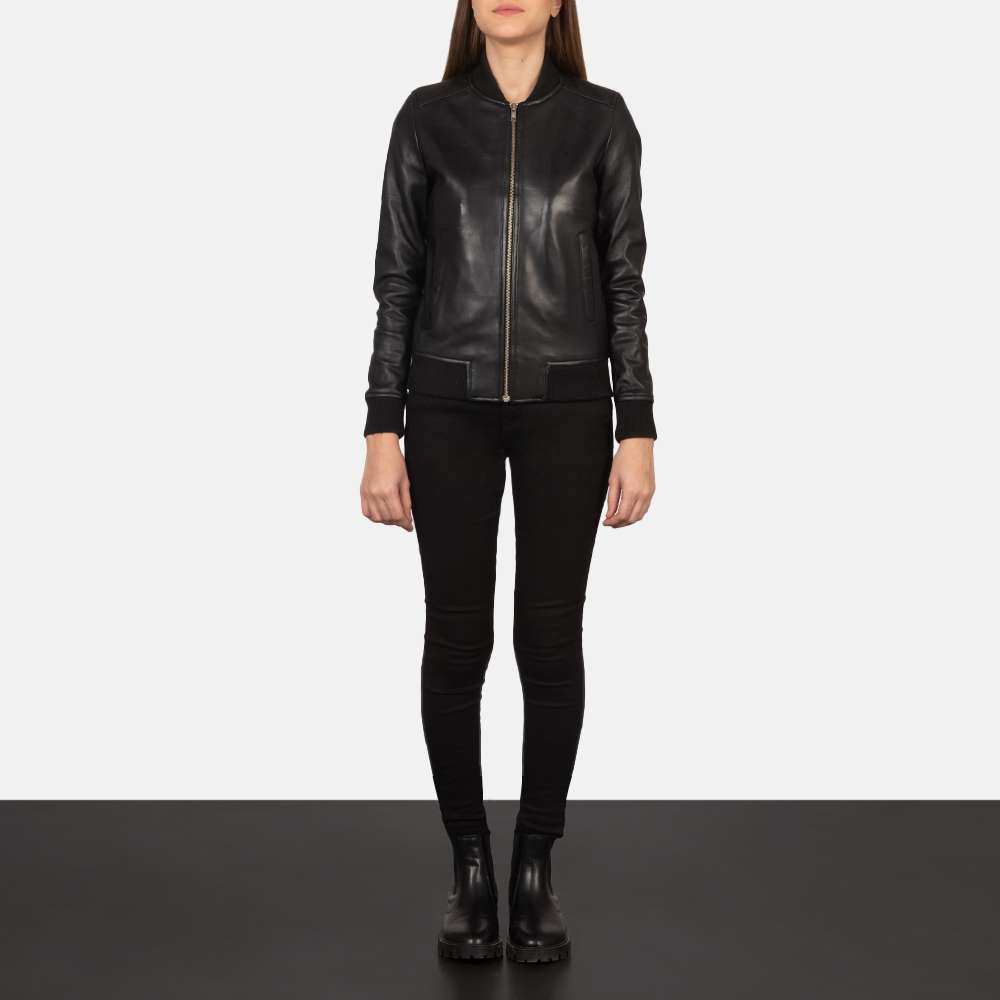 Bliss Black Leather Bomber Jacket - Image 2