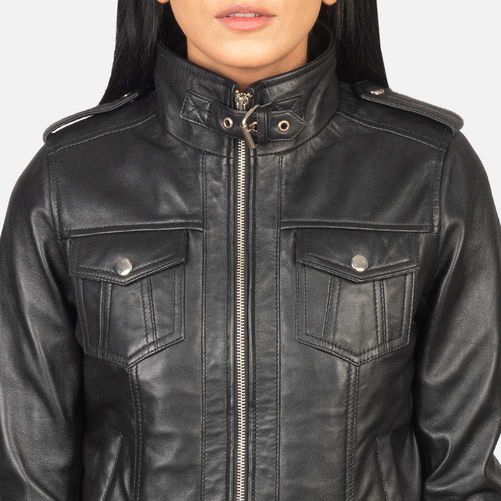 Roslyn Black Hooded Leather Bomber Jacket - Image 7