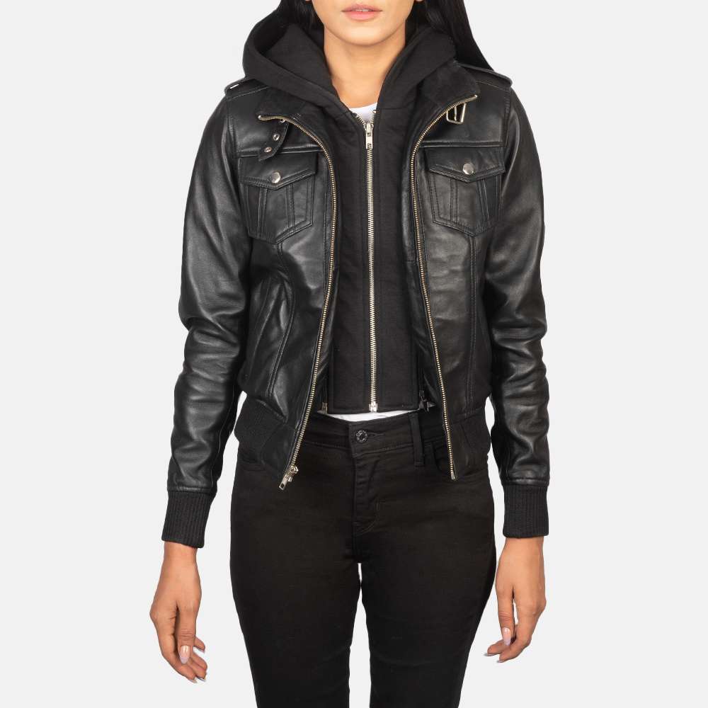 Roslyn Black Hooded Leather Bomber Jacket - Image 5