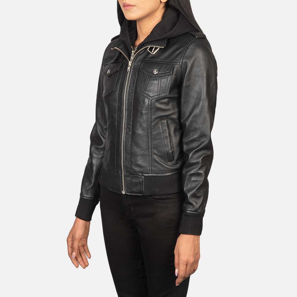 Roslyn Black Hooded Leather Bomber Jacket - Image 4