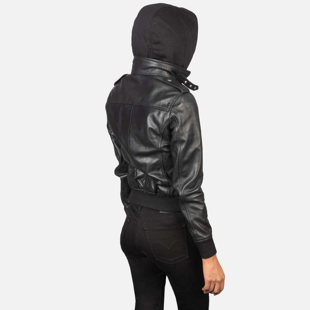 Roslyn Black Hooded Leather Bomber Jacket - Image 3
