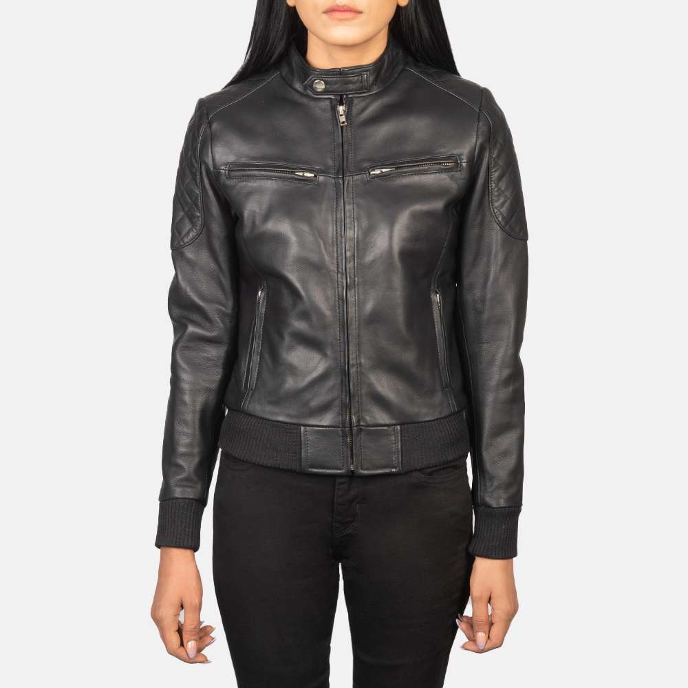 Zenna Black Leather Bomber Jacket - Image 2