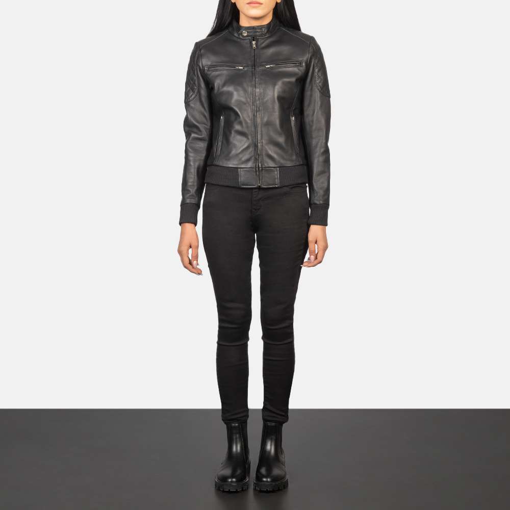 Zenna Black Leather Bomber Jacket - Image 6